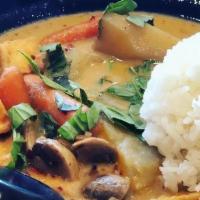 Art Car Curry · VEGAN HEAVEN. CURRY COCONUT BISQUE WITH TOFU, BABY CARROTS, CELLO MUSHROOMS, POTATOES, SIDE ...