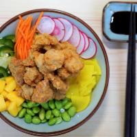 Chicken Karaage Bowl · Deep fried soy sauce marinated chickens with unlimited toppings, sauces and crunches.