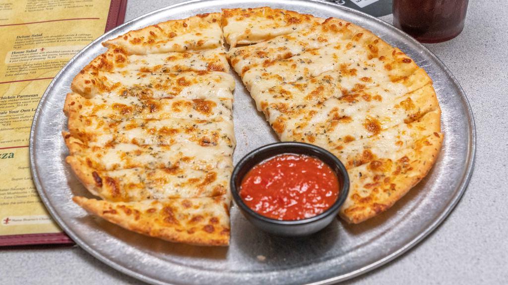 Garlic Cheese Stix · A pie buttered, topped with mozzarella, seasoned, and baked to perfection. Served with a side of Bearno’s own sauce.