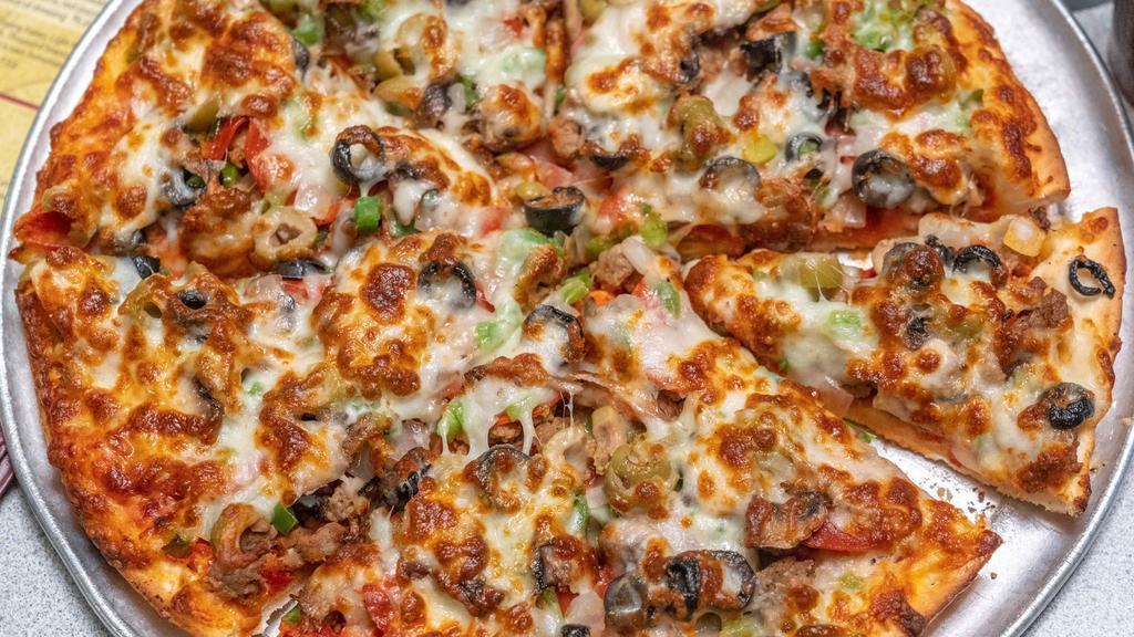 Mama Bearno'S · Louisville’s #1 Selling Pizza! This extraordinary pizza is loaded with sausage, pepperoni, fresh mushrooms, onions, green peppers, black olives, green olives, and topped with the finest mozzarella cheese.
