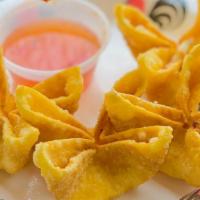 Crab Rangoon (Five Pieces) · Fried crab and cream cheese wrap with wonton skin. Served with sweet chili sauce