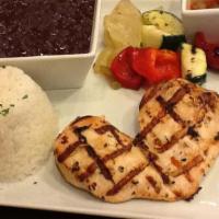 Chicken Plate · Grilled chicken breast serve along with white rice, black beans, grilled seasonal vegetables...