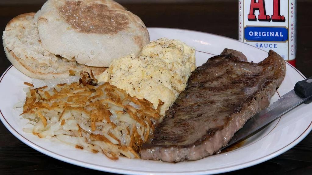 Strip Steak And Eggs · 2 eggs, shredded home fries and toast