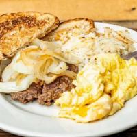 Chopped Steak And Eggs · Sautéed onions, 2 eggs, shredded home fries and toast