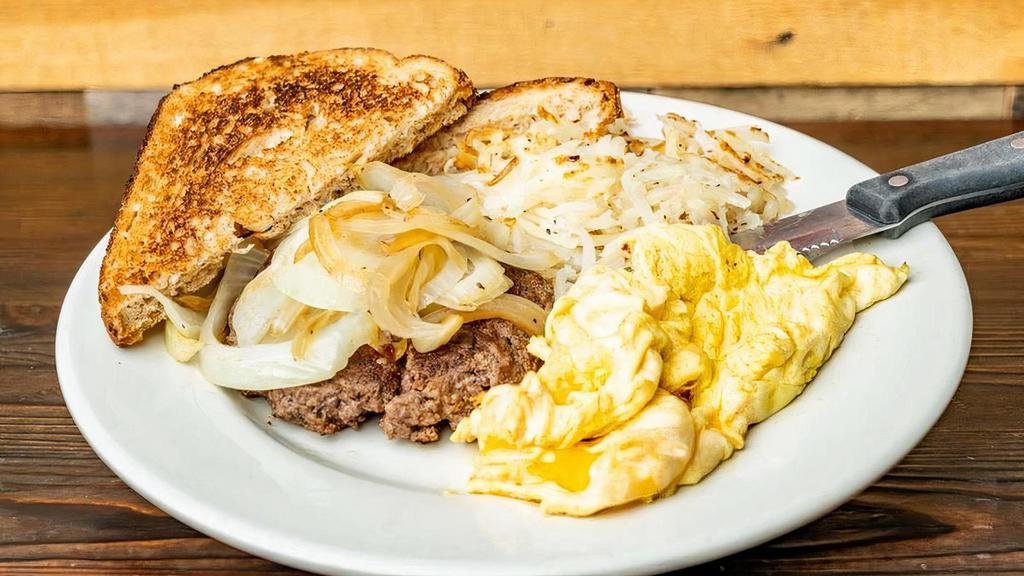 Chopped Steak And Eggs · Sautéed onions, 2 eggs, shredded home fries and toast