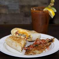 Southwest Burrito · Scrambled eggs, cheddar cheese, sausage, pico de gallo with shredded home fries