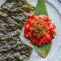 Tuna Tartare (Gf | P) · bluefin tune tartare, pickled mustard seed, roasted seaweed with gochujang sauce