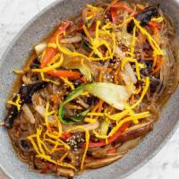 Portabella Japchae (Gf)(V) · glass noodles with onions, bell peppers, bok choy, carrots, vital farms eggs, portabella mus...
