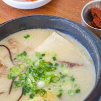 Galbi Gomtang · braised short rib in rich veal bone broth with mountain herbs, Korean radish, tofu, and cabb...