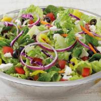 Greek Salad · lettuce blend | chicken | feta | banana peppers | tomatoes | olives | red onions | Greek dre...