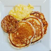 Pancake Platter · 3 Pancakes, 2 eggs, meat, and choice of juice