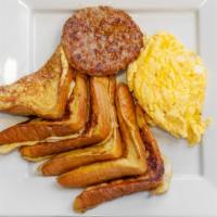 French Toast Platter · 3 French Toast, 2 eggs, meat, and choice of juice