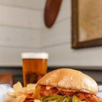 Hot Chicken Sandwich · Buttermilk fried chicken breast, hot sauce, house B&B jalapeño pickles, spicy mayo, and toas...