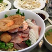 Hu Tieu Lacay Seafood · Pho noodle soup with shrimps, calamari, fish balls and imitation crab stick.