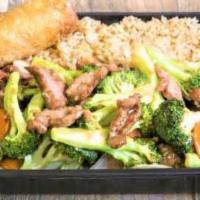 Beef And Broccoli · Includes fried or steamed rice, and an eggroll.