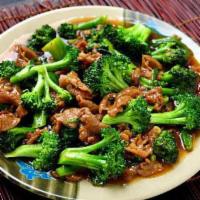 Beef With Broccoli · Beef stir fried with broccoli, bamboo shoot in brown sauce.