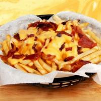 Bacon Cheese Fries · Crispy fries smothered in melted cheese and turkey bacon.