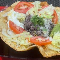 Chicken Taco Salad · Freshly made tortilla shell w/ grilled chicken, tomato, onion, lettuce white rice black bean...