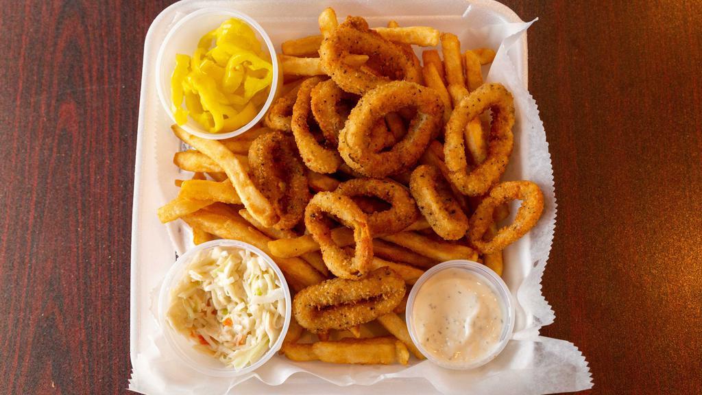 Calamari Dinner · Served with french fries coleslaw and tartar sauce.