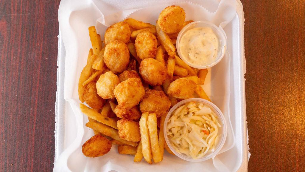 Fried Scallops Dinner · Served with french fries coleslaw and tartar sauce.