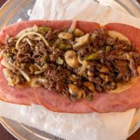 Steak Bomb Sandwich (Large) · Steak, ham, salami, mushroom, onion, peppers and cheese.