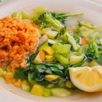 Vegan Vegetable Soup · Squash, zucchini, tomato, onion, bell pepper, carrots, broccoli, celery, cilantro, garlic, s...