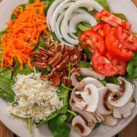 Spinach Salad · Spinach leaves, tomatoes, onions, carrots, mushrooms, sprouts, pecan & cheese (GF,SF)