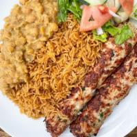 Chicken Seekh Kabob Platter · Ground Chicken with traditional spices, slow cooked on a skewer to perfection. Comes with ri...