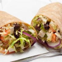 Greek Wrap With Grilled Chicken · Grilled chicken, feta cheese, lettuce, tomato, red onion and kalamata olives, topped with gr...