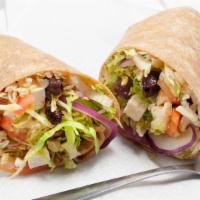 Greek Veggie Wrap · Lettuce,tomato,red onion,banana peppers,kalamata olives,feta cheese topped with Greek dressing