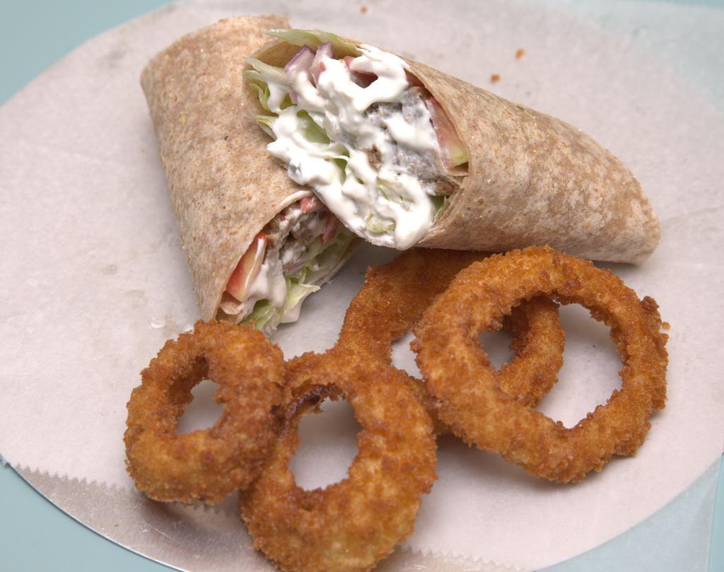 Buffalo Meat Gyro Wrap · Buffalo Beef Gyro,lettuce,tomatoes,red onions topped with tzatziki sauce