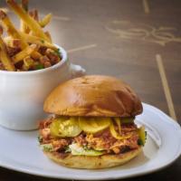 Barbecue Chicken Sandwich · Broccoli salad, b&b pickles, saloon barbecue sauce, southern bun, hand-cut fries