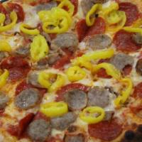 Sweet & Spicy · Tomato Basil Sauce, Mozzarella Blend, Pepperoni, Sausage, Banana Pepper and Red Pepper Flake