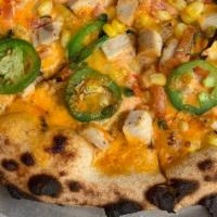 Santa Fe · Garlic Oil, Cheddar Cheese, Grilled Chicken, Jalapeno, Corn, Tomato and Roasted Red Pepper R...
