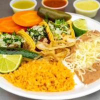 Taco Special · 3 Mini Tacos, Choice of meat, rice, refried beans, 16oz drink.