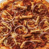 Bbq Chicken Pizza · A sweet barbecue sauce base, grilled chicken, red onions, crispy bacon with cheddar and mozz...