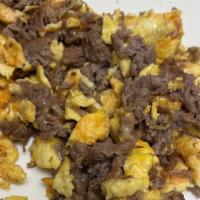 Scrambled Egg, Steak And Cheese Sandwich · Made with shaved seasoned steak, American cheese, 2 scrambled eggs on a Portuguese Roll or S...