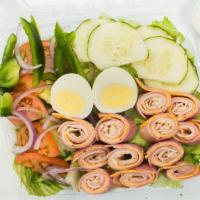 Chef Salad · Turkey ham, cucumber, lettuce tomatoes, egg, onion, green pepper, and cheese.