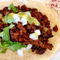 Plant-Based Chorizo Tacos (Vegan) · PLANT-BASED CHORIZO | ONIONS | SALSA VERDE | CILANTRO