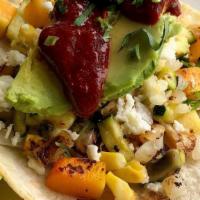 Roasted Vegetable Tacos. · SQUASH | ZUCCHINI | CORN | ONION | QUESO FRESCO | AVOCADO | GUAJILLO SALSA