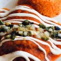 Chile Relleno. · STUFFED POBLANO PEPPER | MEXICAN  RICE |  REFRIED BEANS | SERRANO PEPPERS | ONIONS | SALSA R...