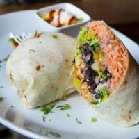 Vegetarian Burrito W/ Esquites. · ROASTED SQUASH | ZUCCHINI | CORN | ONIONS | MEXICAN RICE | BLACK BEANS | AVOCADO GUAJILLO SA...