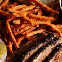 Sliced Brisket Plate · Our House Smoked Sliced Brisket Plate is Served with Your Choice of Two Sides, Pickles, Red ...