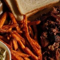 Chopped Brisket Plate · Our House Smoked Chopped Brisket Plate is Served with Your Choice of Two Sides, Pickles, Red...