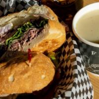 London Broil With Soup · Charbroiled London broil steak, thinly sliced, melted provolone with dijonaisse, mixed green...