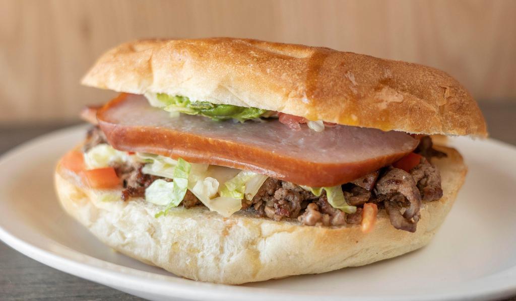 Torta Mexicana · Your choice of beef or chicken slices of ham, avocado lettuce and tomatoes.