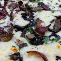 Wild Mushroom & Truffle Ricotta Pizza · House-made Truffle Ricotta Cream with Garlic and Thyme, Mushroom Trio with Caramelized Red O...