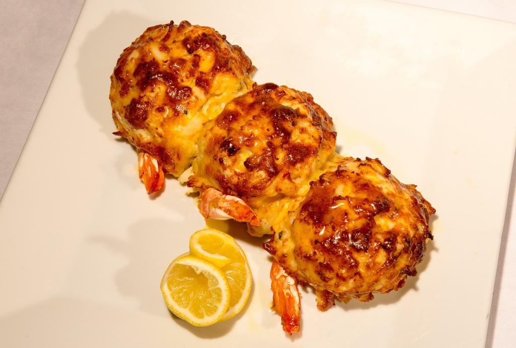 Stuffed Shrimp (3) · Three shrimp stuffed with seasoned jumbo crab meat then broiled to perfection
