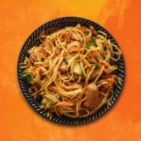 Asian Street Chicken Noodles · Noodles stir-fried in a wok and are mixed boneless pieces of chicken, carrot, cabbage, and T...