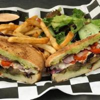 Portabella Mushroom Sandwich · Mozzarella cheese, spinach, roasted. peppers, caramelized onions & sun dried. tomatoes & mayo